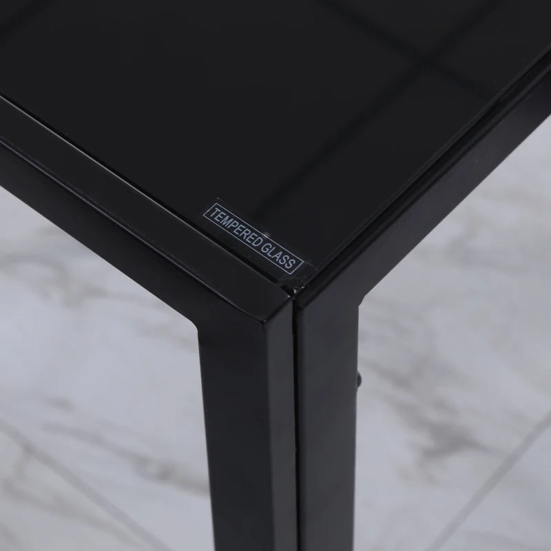 Detalle de la encimera de vidrio templado negro de 6 mm de la mesa Shadó