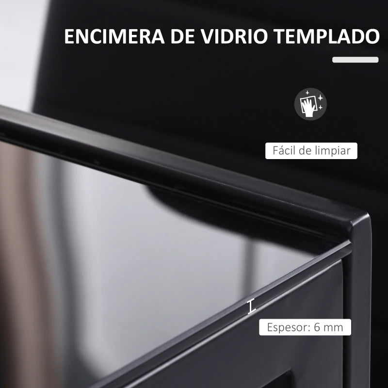 Vista lateral de la mesa de comedor Shadó que muestra su fina encimera de cristal