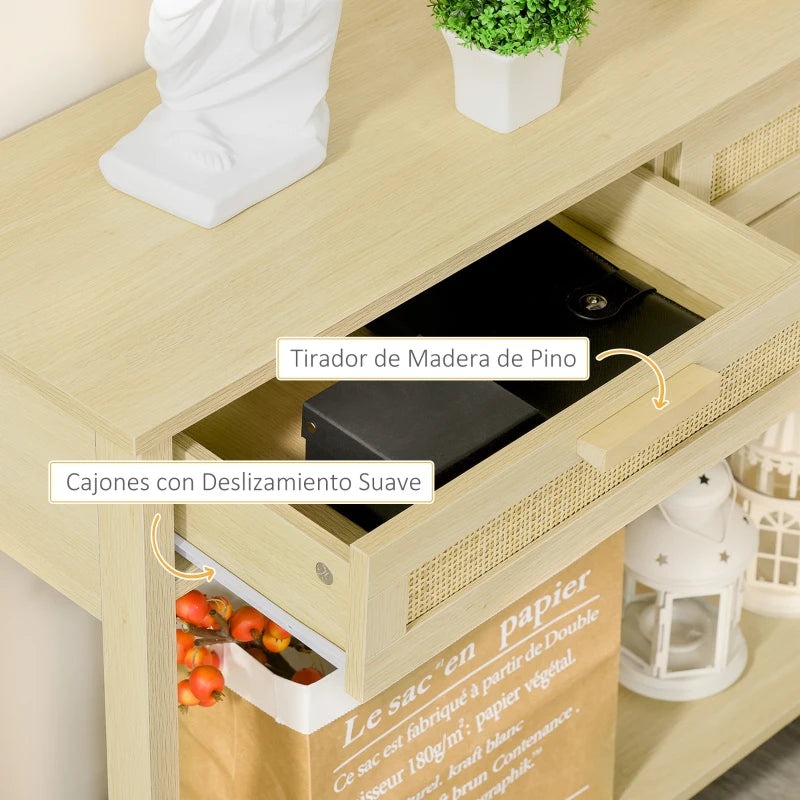 Cajón abierto de la mesa consola Bali mostrando el interior sobre rieles deslizantes