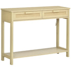 Mesa consola Bali de entrada en madera natural con cajones de rejilla de ratán en un recibidor boho