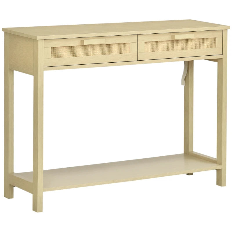 Mesa consola Bali de entrada en madera natural con cajones de rejilla de ratán en un recibidor boho