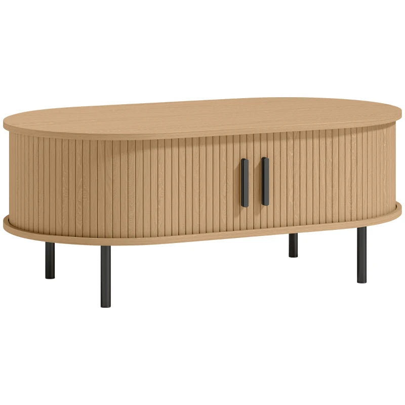 Mesa de centro ovalada Nala en acabado tono madera natural con puertas de tambor deslizantes y patas metálicas en un salón decorado.