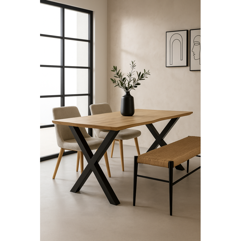 Mesa de Comedor Industrial Denver 180x90 cm con Estructura de Metal Negro y Tapa de Madera de 40 mm