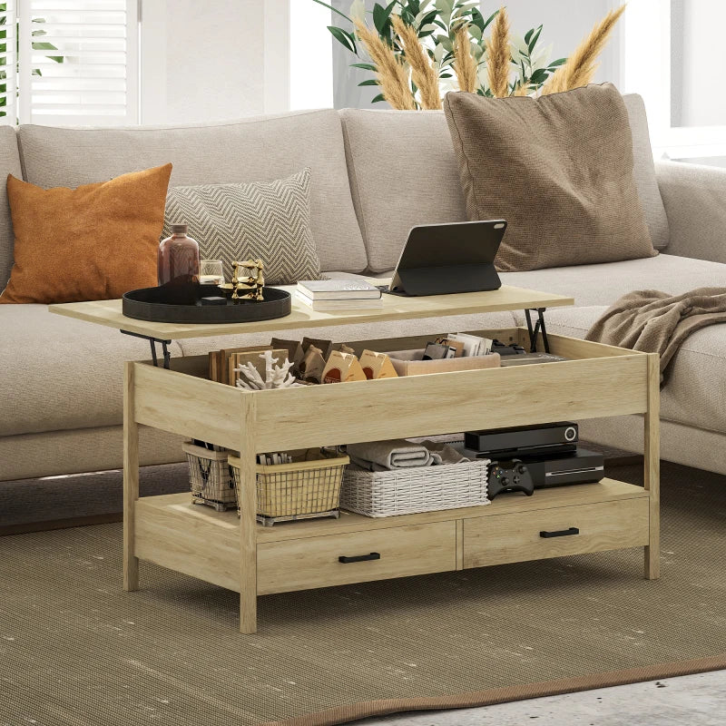 Mesa de centro con la encimera elevable subida para usar desde el sofá
