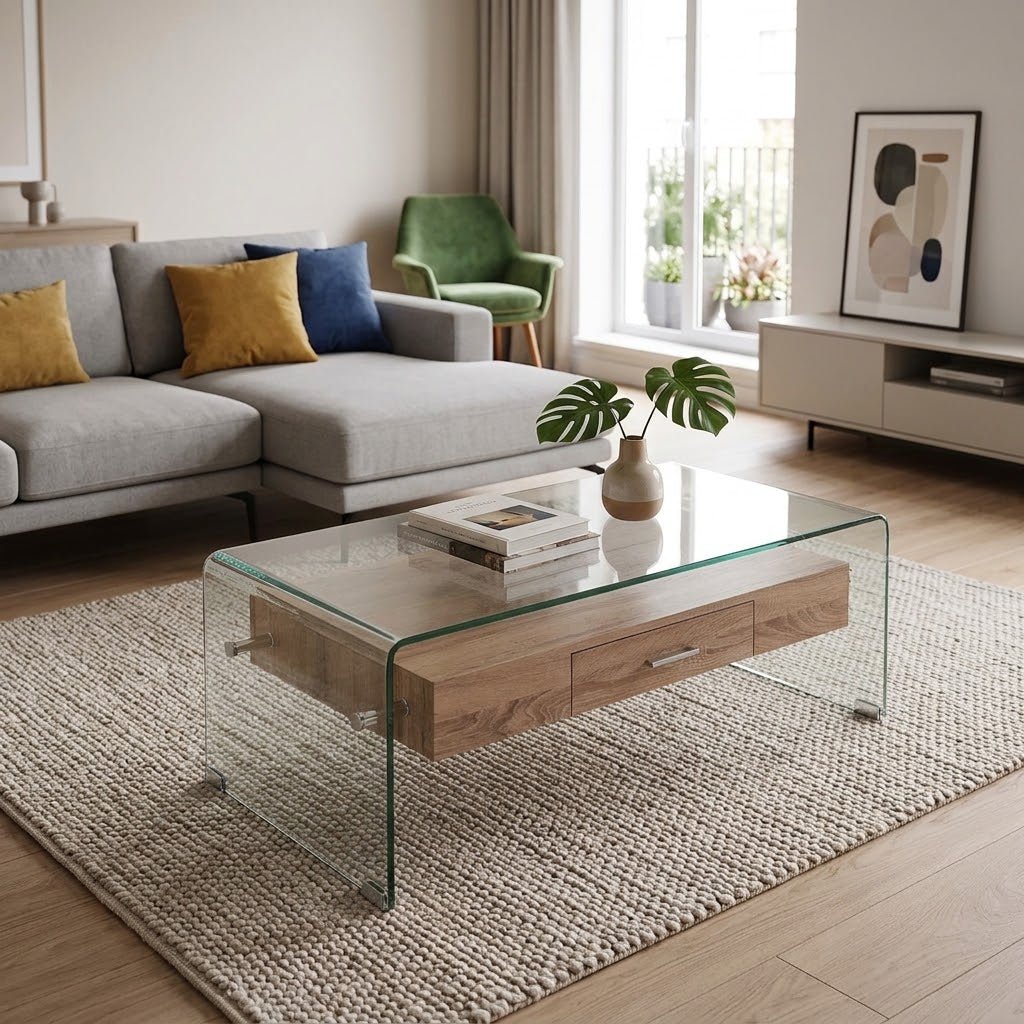 Mesa de centro Megina frente a un sofá en un salón moderno