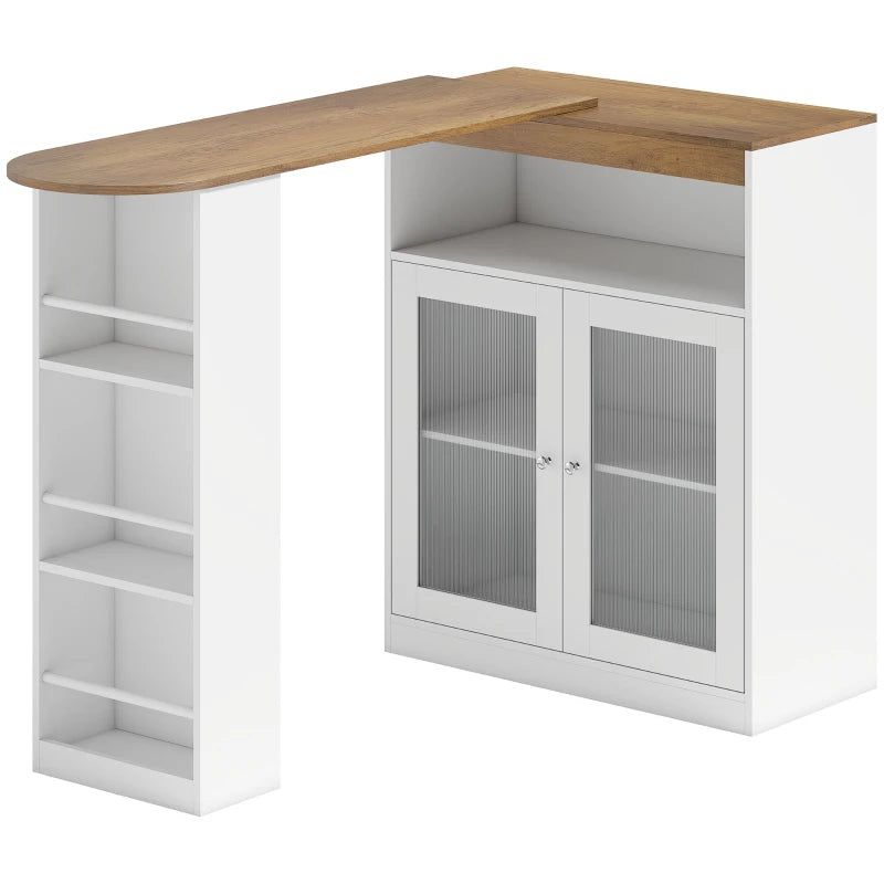 Mesa de bar extensible y giratoria Ostende en blanco con vitrina y estantes en una cocina