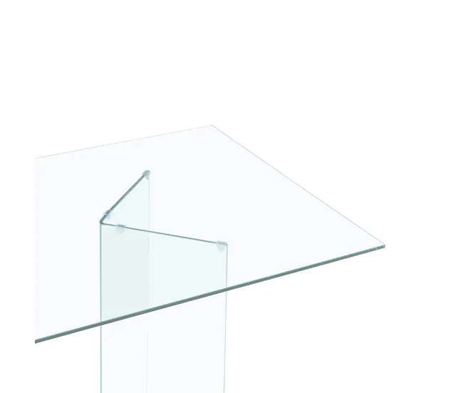 Mesa de comedor de cristal Phoenix en un salón abierto y luminoso