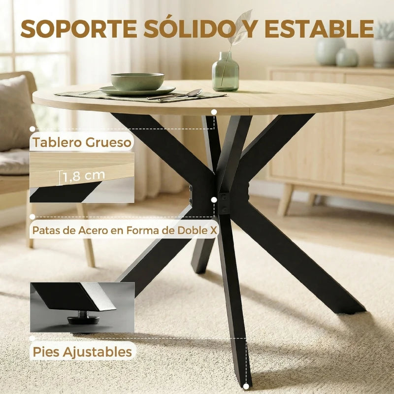 Detalle de la estructura de acero negro con base en doble X de la mesa
