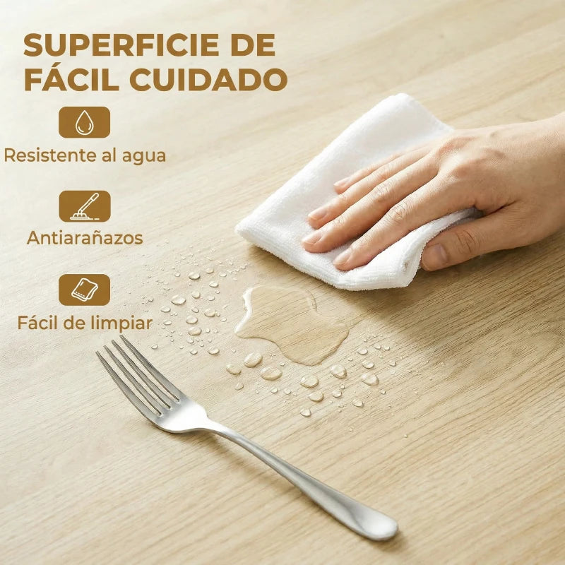 Detalle del tablero redondo con acabado efecto madera de la mesa