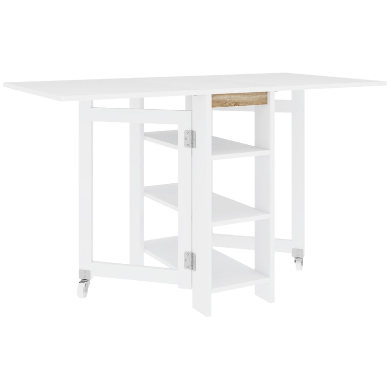 Mesa de cocina plegable blanca de 120 cm con dos alas abatibles y estantes
