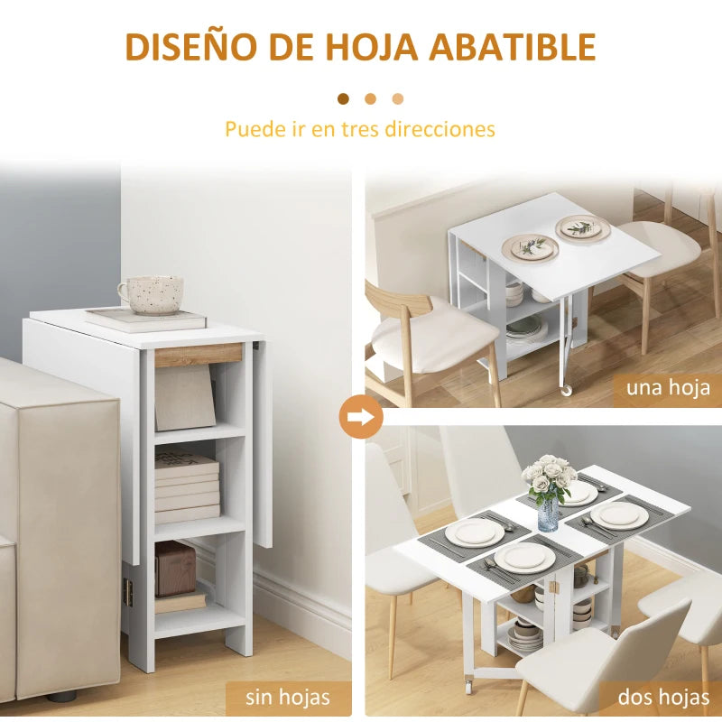 Mesa plegable blanca en una cocina pequeña con las alas desplegadas