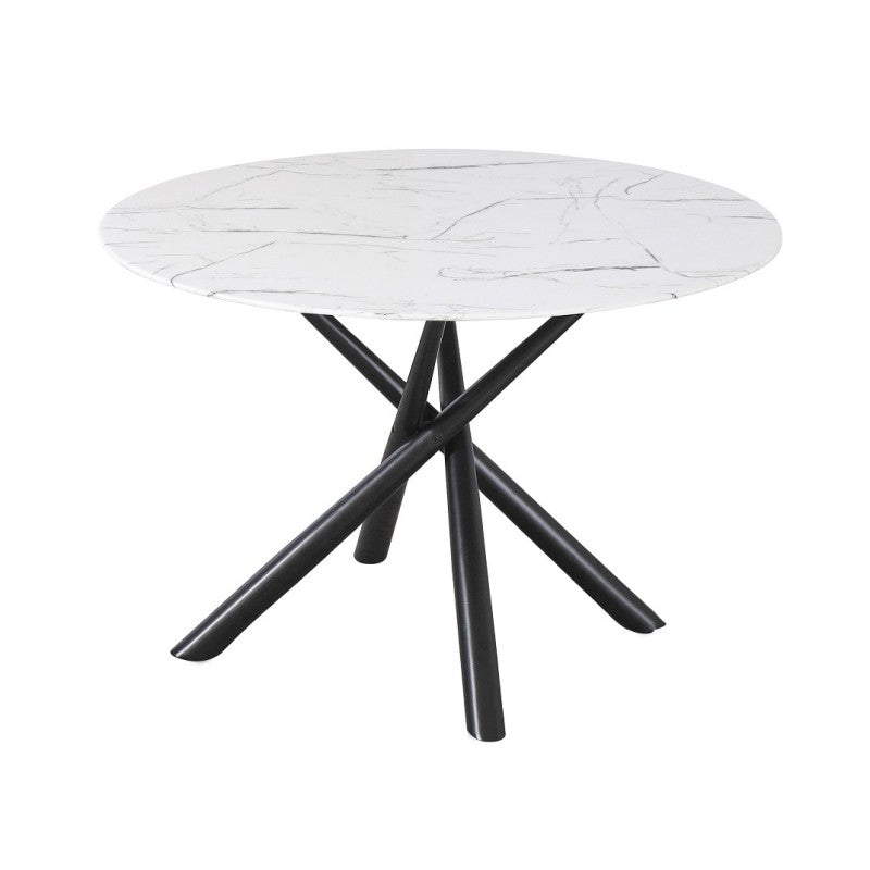 Mesa redonda Houston con tapa de cristal efecto mármol y base tubular negra