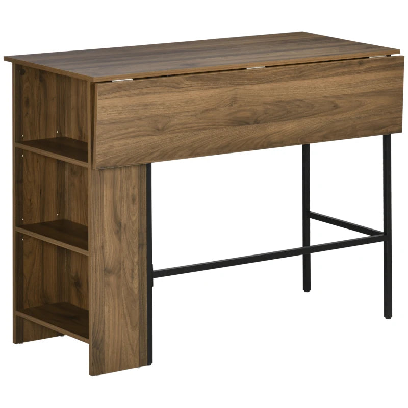 Mesa de bar extensible Tinos en marrón con ala abatible y 3 estantes en una cocina
