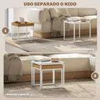 Set de 2 Mesas Nido Ágata Cuadradas 45 y 40 cm Blanco y Roble con Marco de Acero