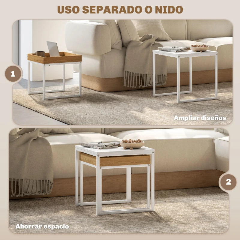 Set de 2 Mesas Nido Ágata Cuadradas 45 y 40 cm Blanco y Roble con Marco de Acero