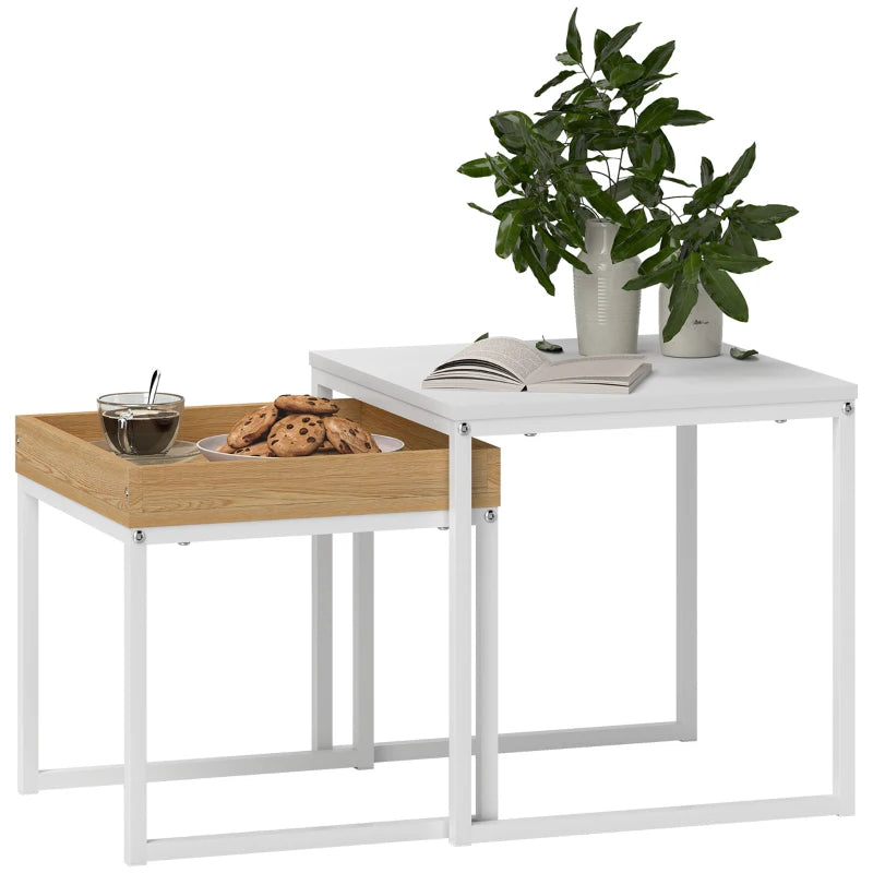 Set de 2 Mesas Nido Ágata Cuadradas 45 y 40 cm Blanco y Roble con Marco de Acero