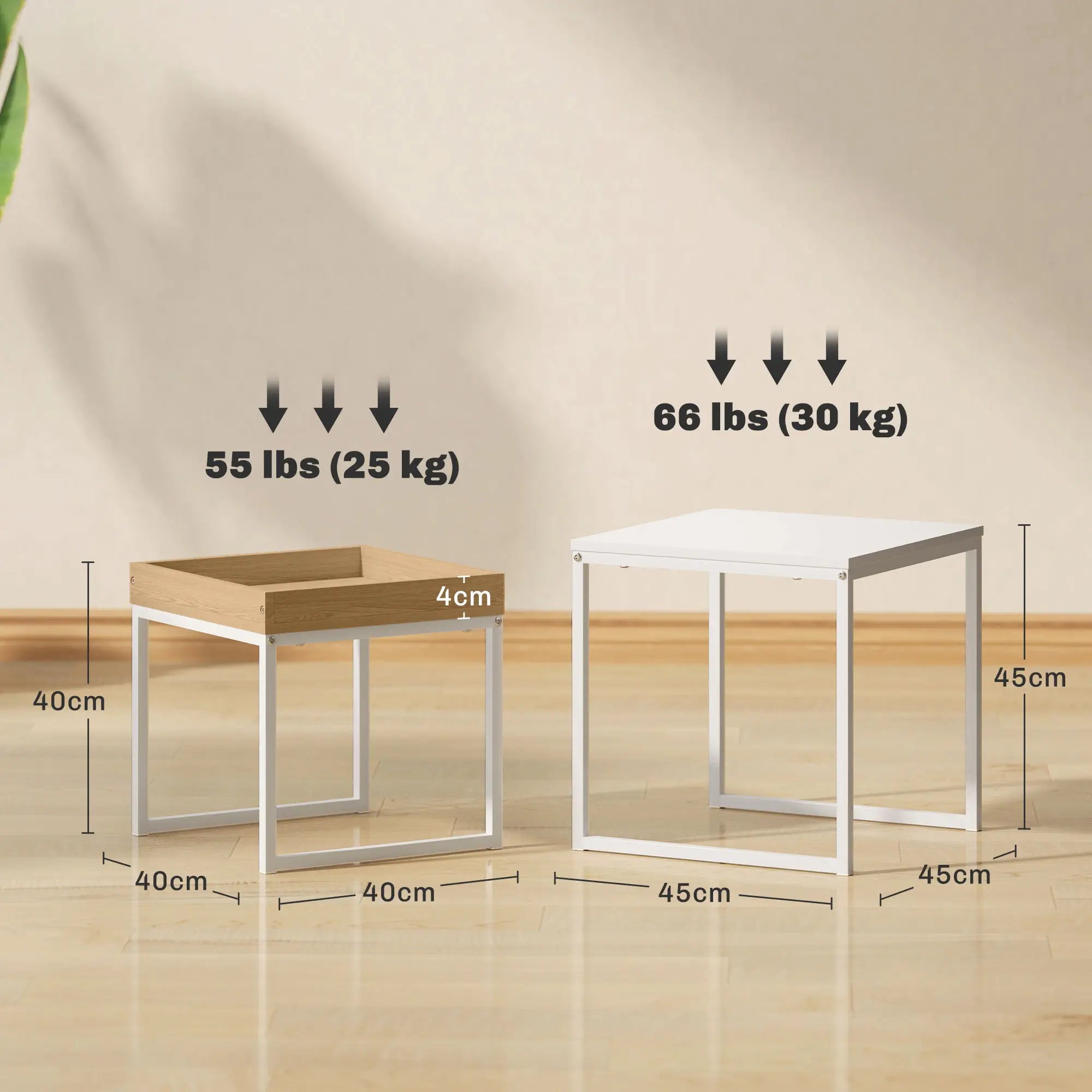 Set de 2 Mesas Nido Ágata Cuadradas 45 y 40 cm Blanco y Roble con Marco de Acero