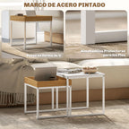 Set de 2 Mesas Nido Ágata Cuadradas 45 y 40 cm Blanco y Roble con Marco de Acero