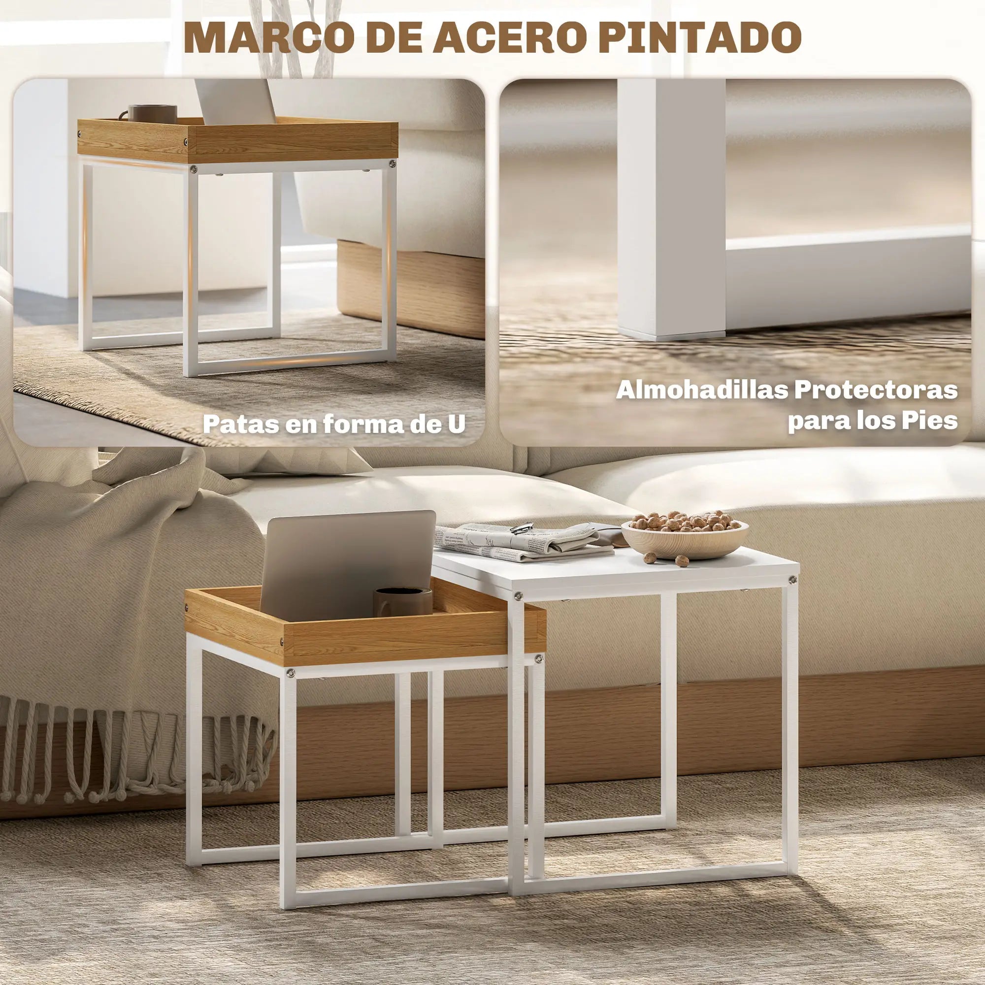 Set de 2 Mesas Nido Ágata Cuadradas 45 y 40 cm Blanco y Roble con Marco de Acero