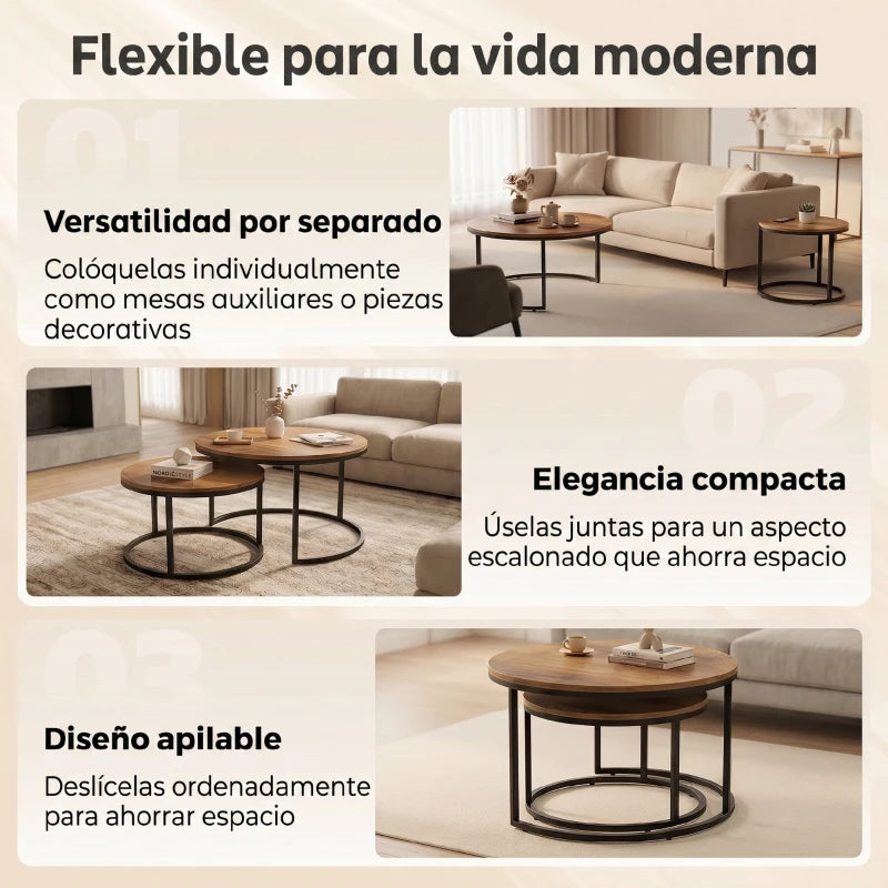 Mesa pequeña guardada bajo la mesa grande mostrando el diseño anidable