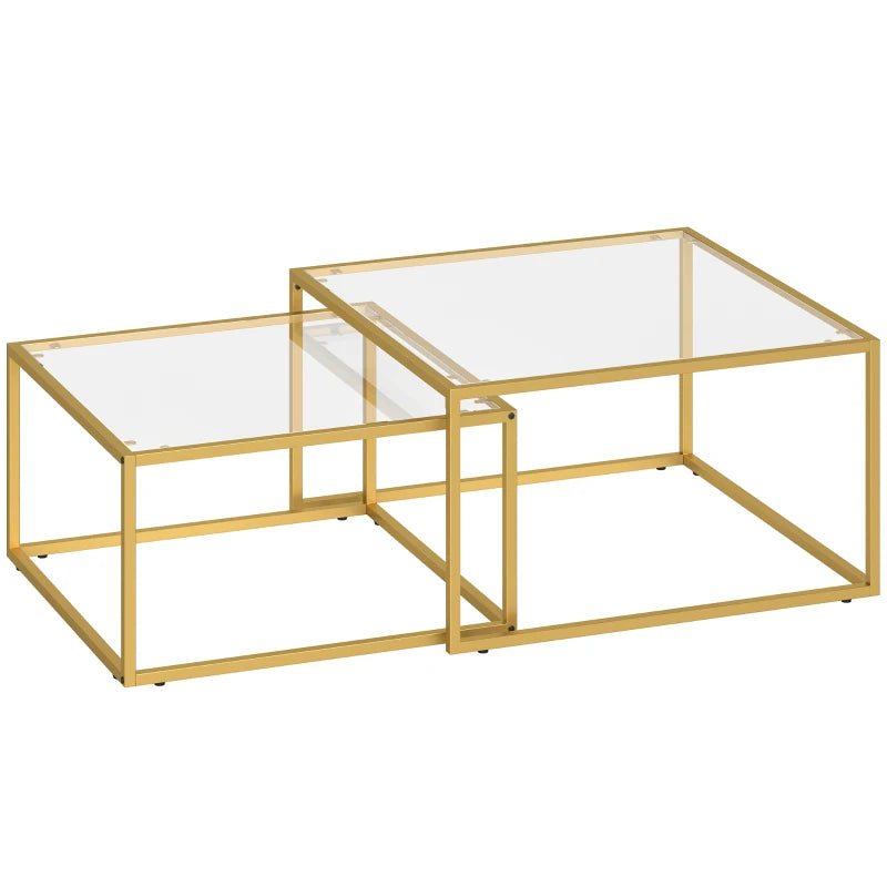 Set de dos mesas nido cuadradas con tablero de vidrio y estructura dorada
