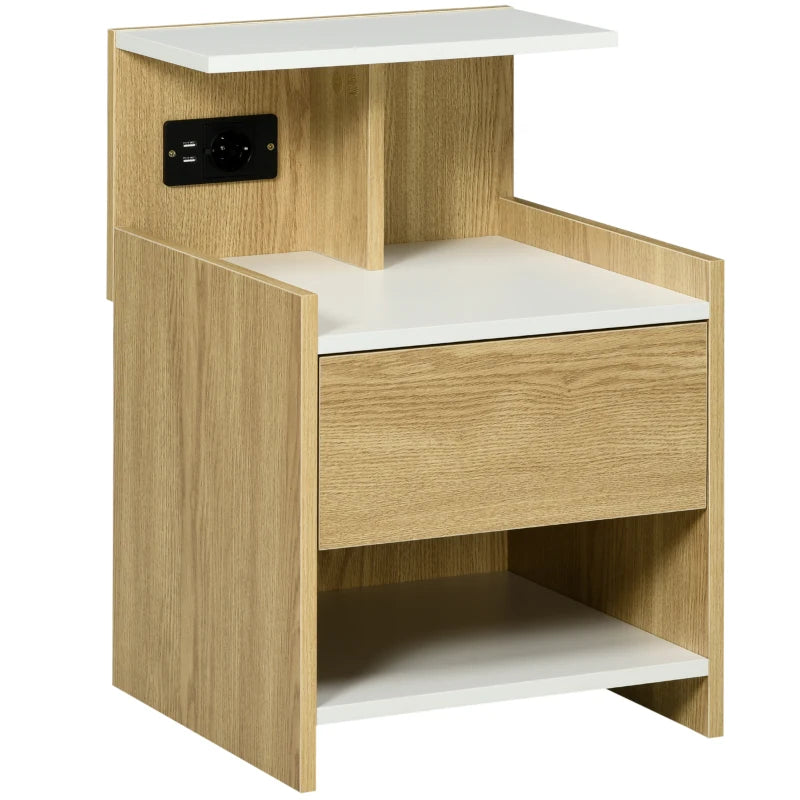 Mesita de noche Aarhus en madera natural y blanco junto a la cama