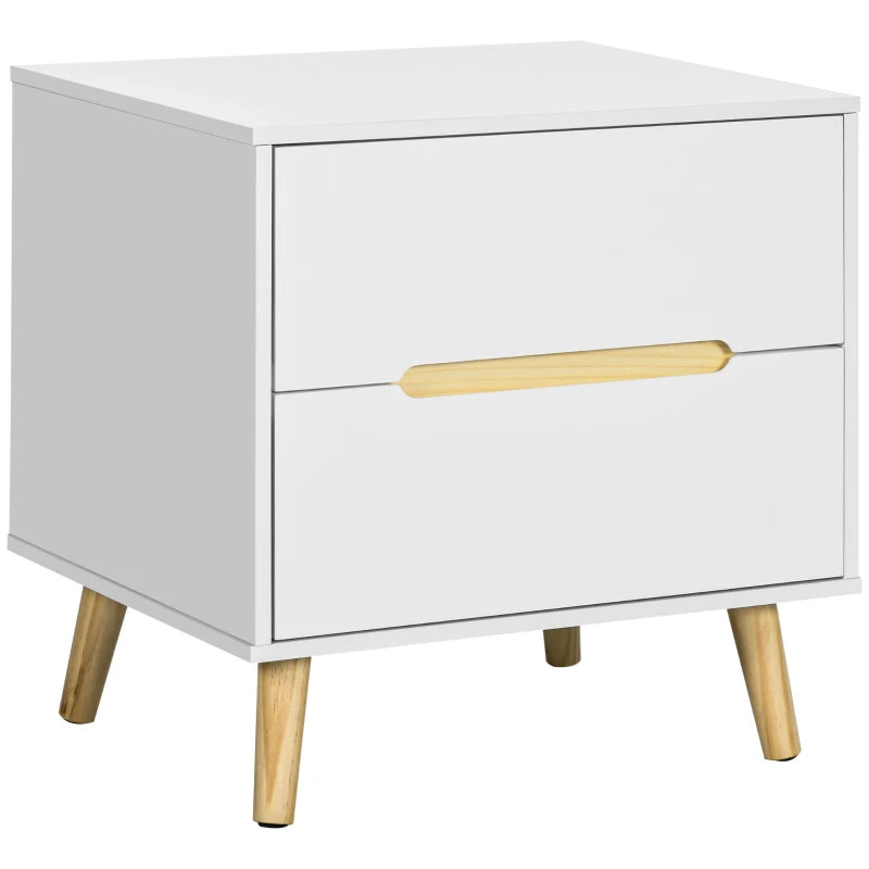 Mesita de noche Baqueira en blanco con patas de madera junto a la cama
