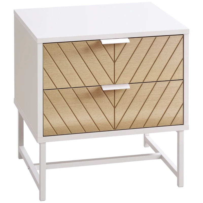 Mesita de noche Lund en blanco y roble con patas de acero junto a la cama