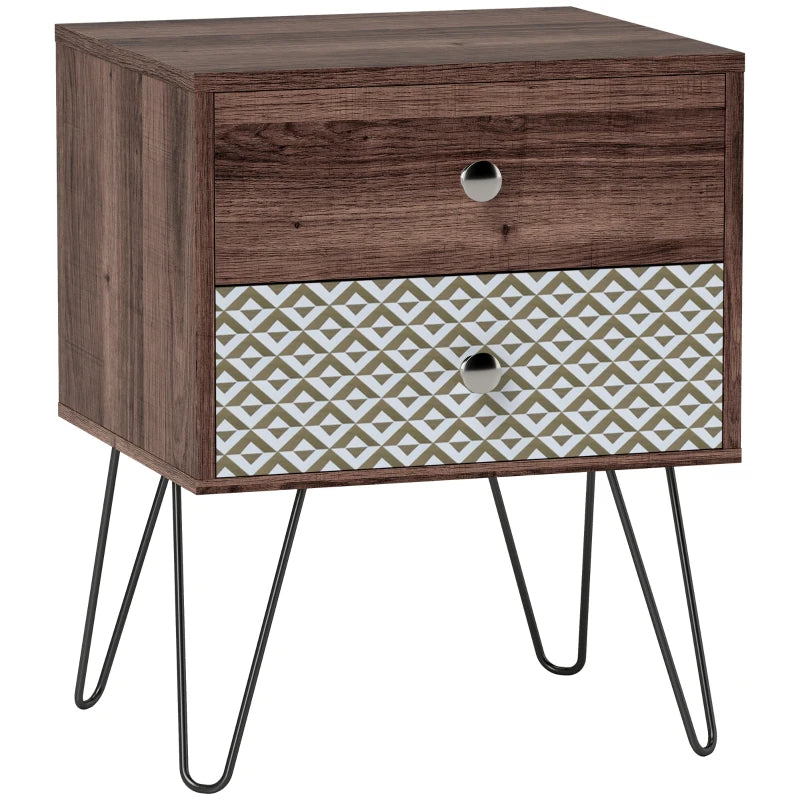 Mesita de noche Marrakech en efecto madera con patas de acero junto a la cama
