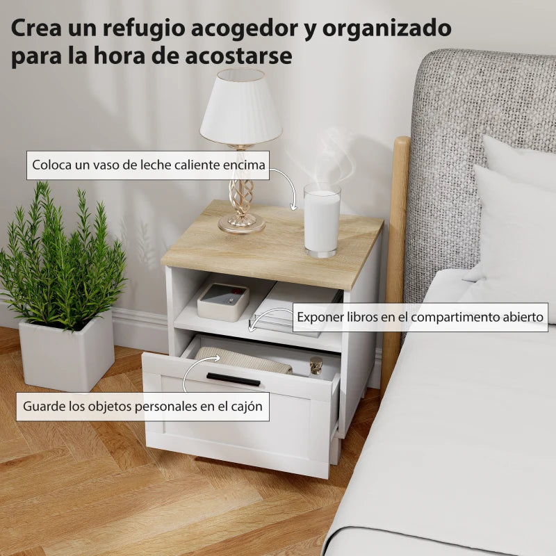 Cajón abierto de la mesita de noche con objetos personales