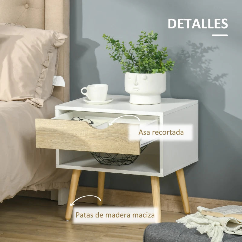 Mesita de noche blanco y roble junto a una cama en un dormitorio nórdico