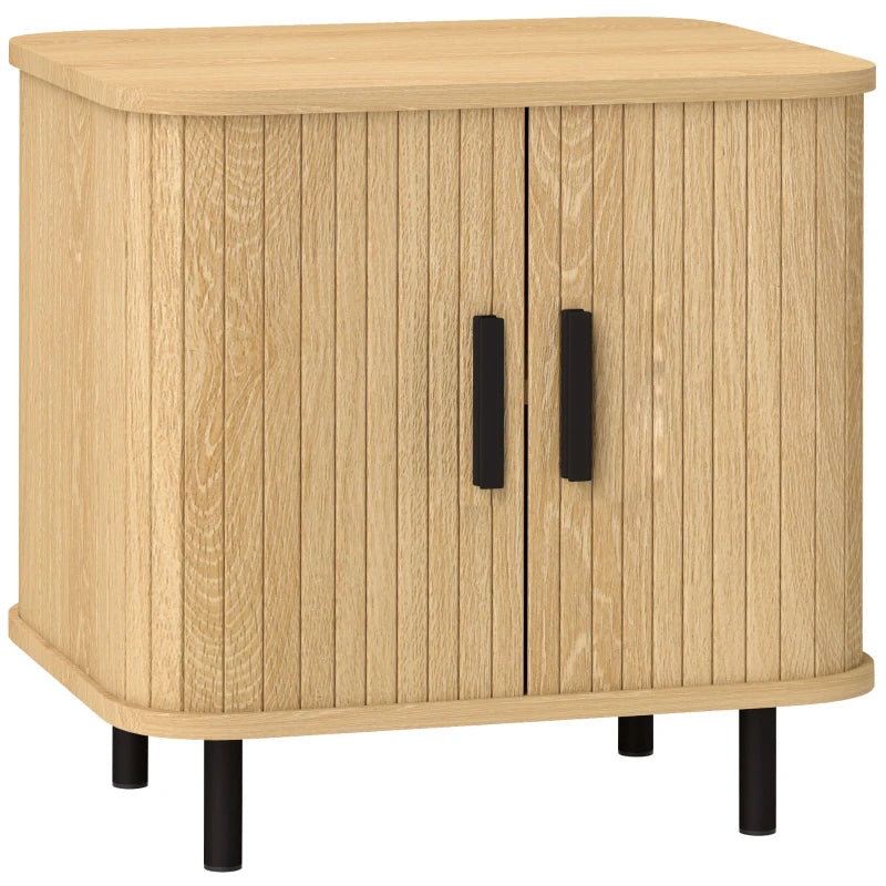 Mesita de noche de roble con puertas correderas y patas de acero vista de frente