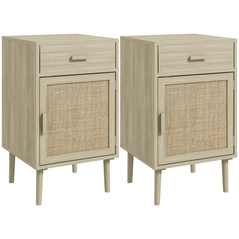Set de 2 mesitas de noche Savannah en roble con puerta y cajón de rejilla de ratán