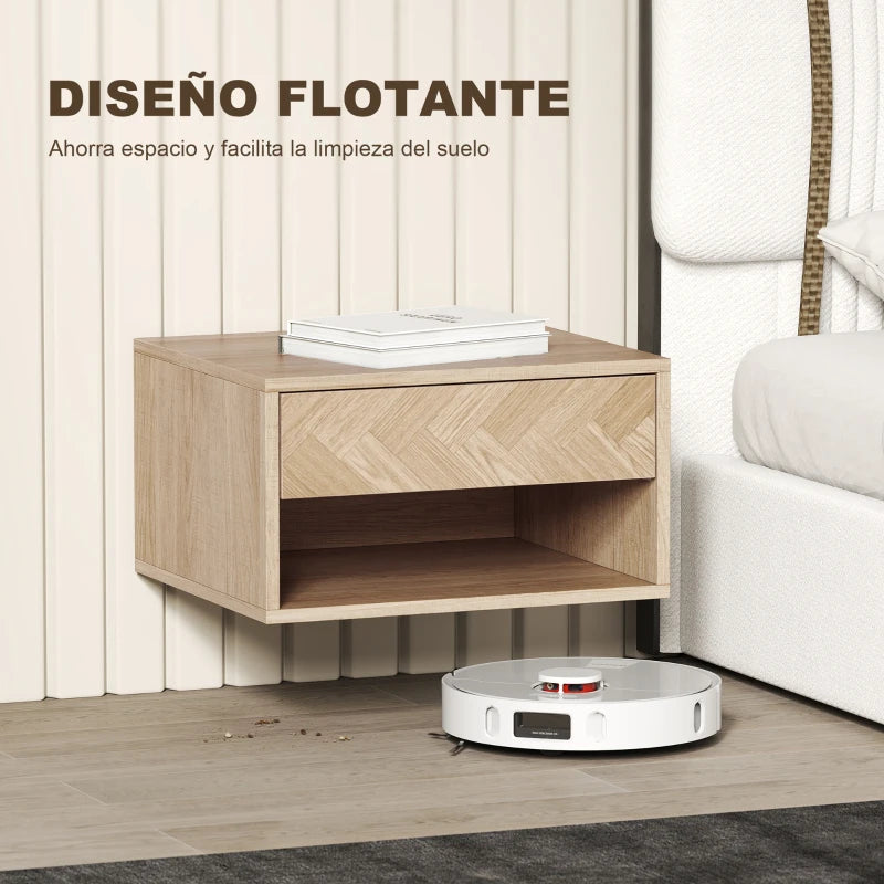 Suelo despejado bajo las mesitas flotantes para facilitar la limpieza