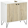 Mueble bajo lavabo en roble y blanco con dos puertas y patas de acero negro