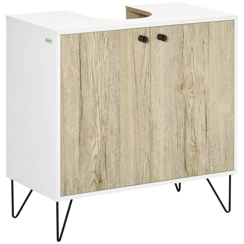 Mueble bajo lavabo en roble y blanco con dos puertas y patas de acero negro
