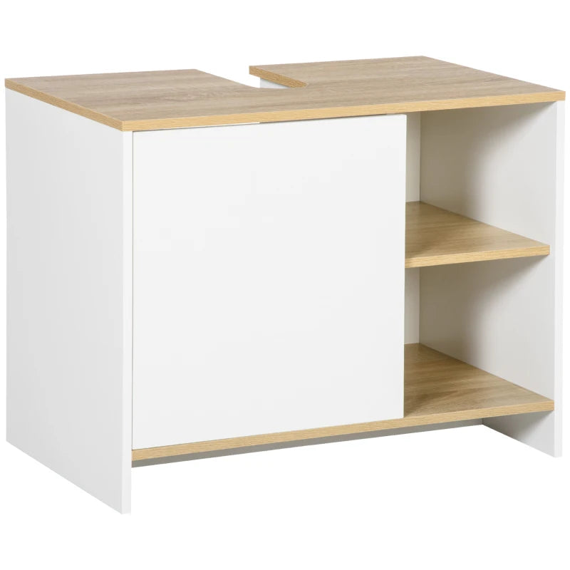 Mueble bajo lavabo Tovaren en blanco y madera con armario y estantes abiertos