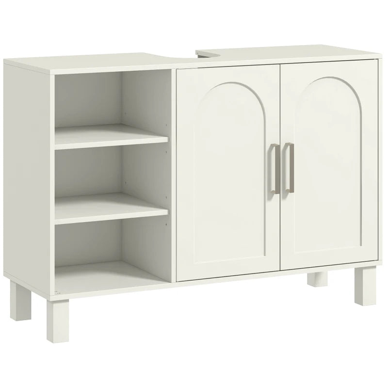 Mueble bajo lavabo Vellaine en crema con estantes abiertos y puertas con arco