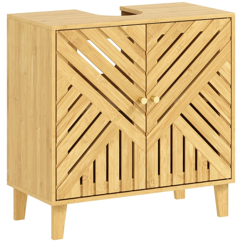 Mueble bajo lavabo de bambú natural con dos puertas de lamas y patas elevadas