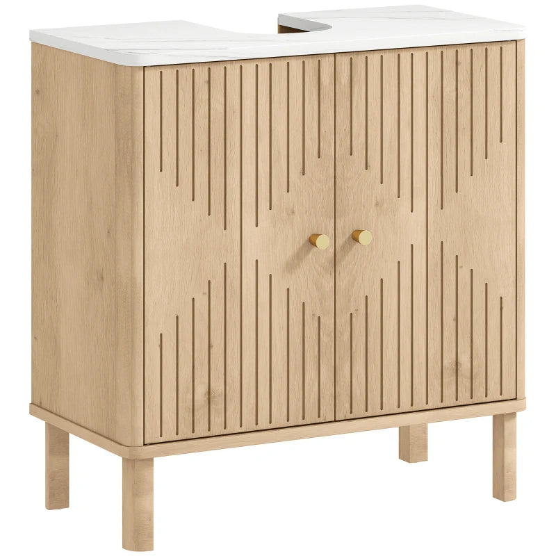 Mueble bajo lavabo Ambrosel en roble con encimera efecto mármol y tiradores dorados