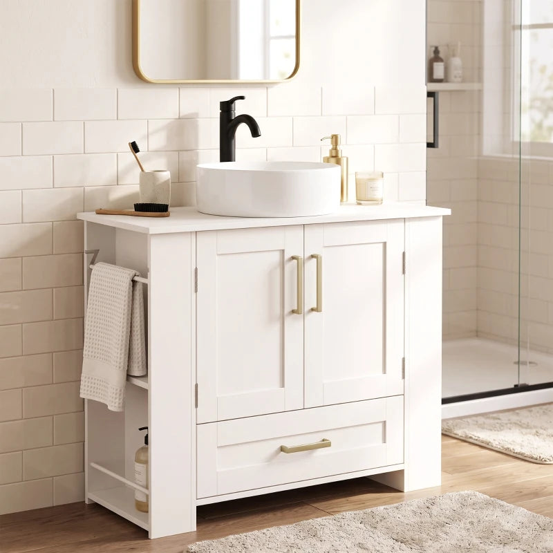 Mueble Belcourt bajo un lavabo suspendido en un baño moderno