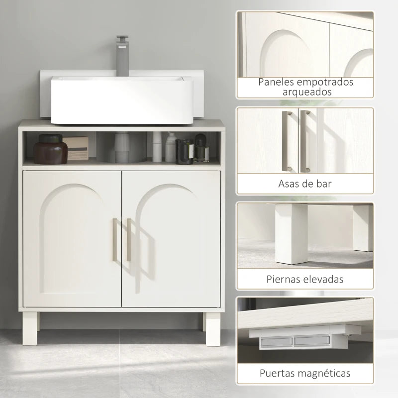 Armario de 2 puertas del mueble bajo lavabo Bibury abierto mostrando el interior