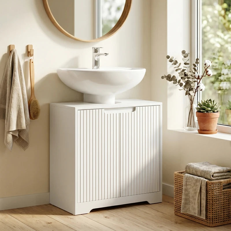 Mueble bajo lavabo Bouillon colocado en un baño pequeño y ordenado