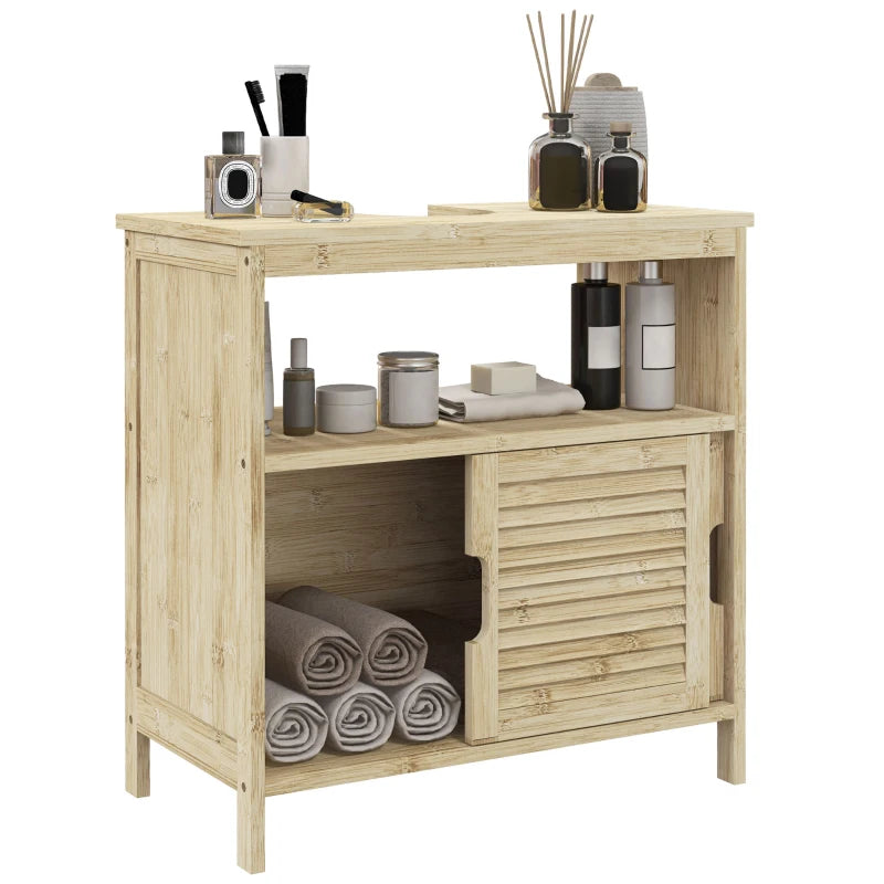 Mueble bajo lavabo Durbuy de bambú colocado en un baño ordenado