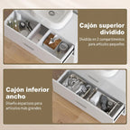 Cajón superior abierto mostrando los compartimentos internos del mueble Vesta