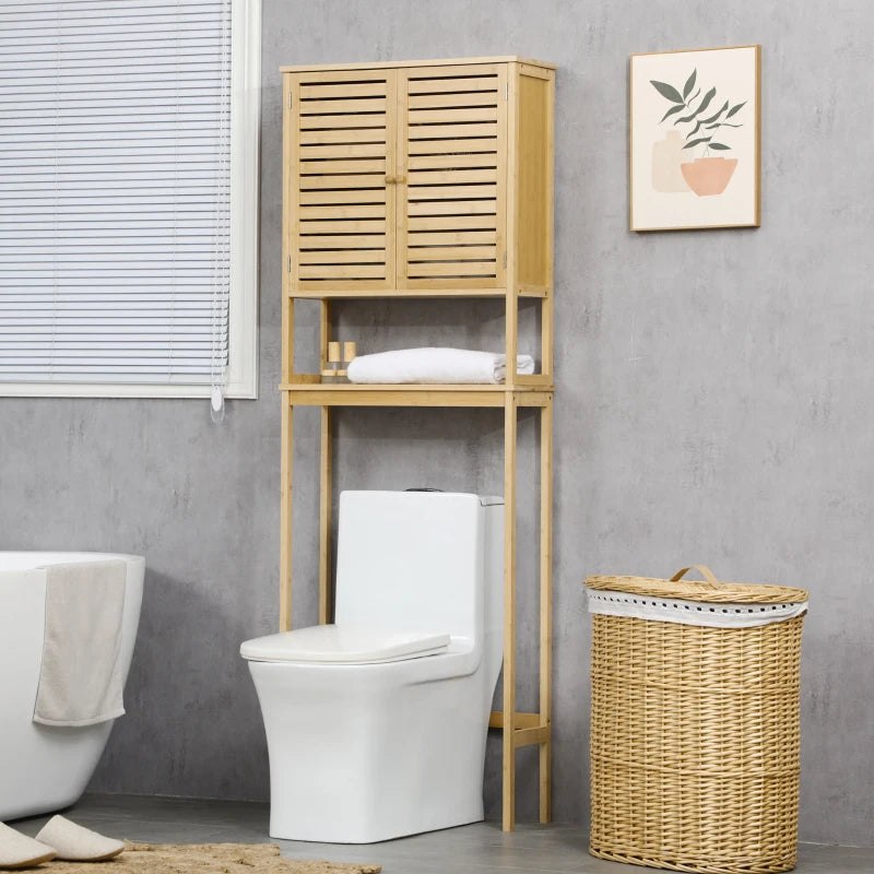 Mueble de Bambú Melgar sobre Inodoro 173 cm Natural con 2 Puertas de Lamas, Estante Ajustable y Balda Abierta