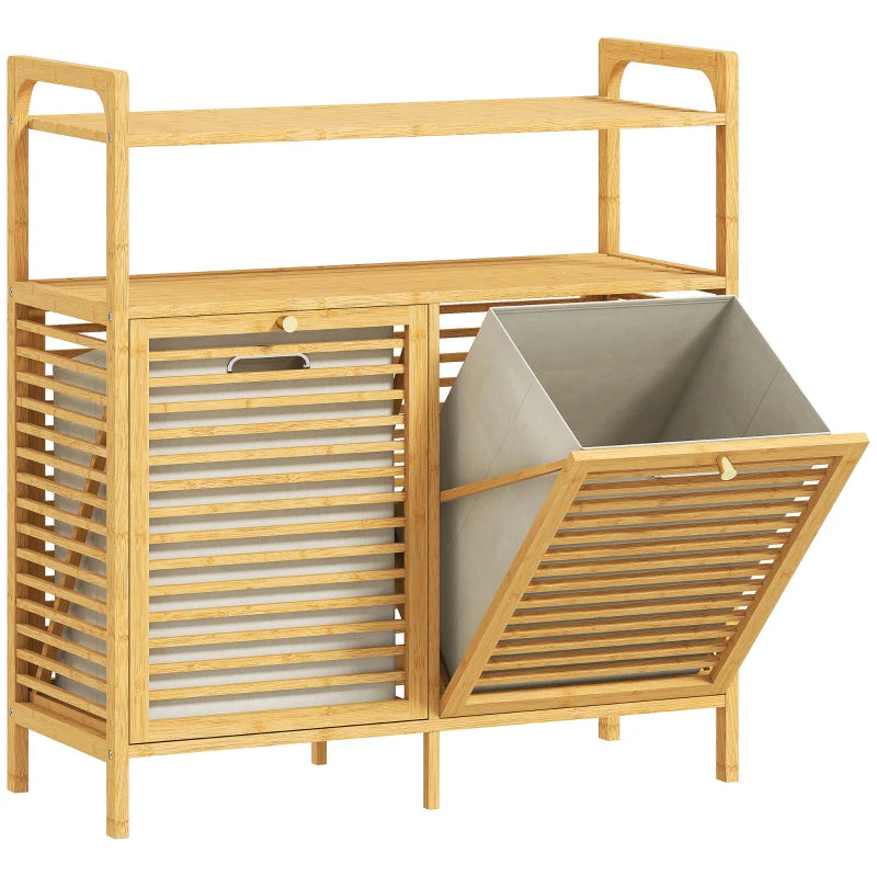 Mueble para ropa sucia de bambú Mueble Retama con cestos extraíbles y estantes