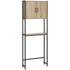 Mueble sobre inodoro en roble y negro con armario de dos puertas y balda abierta