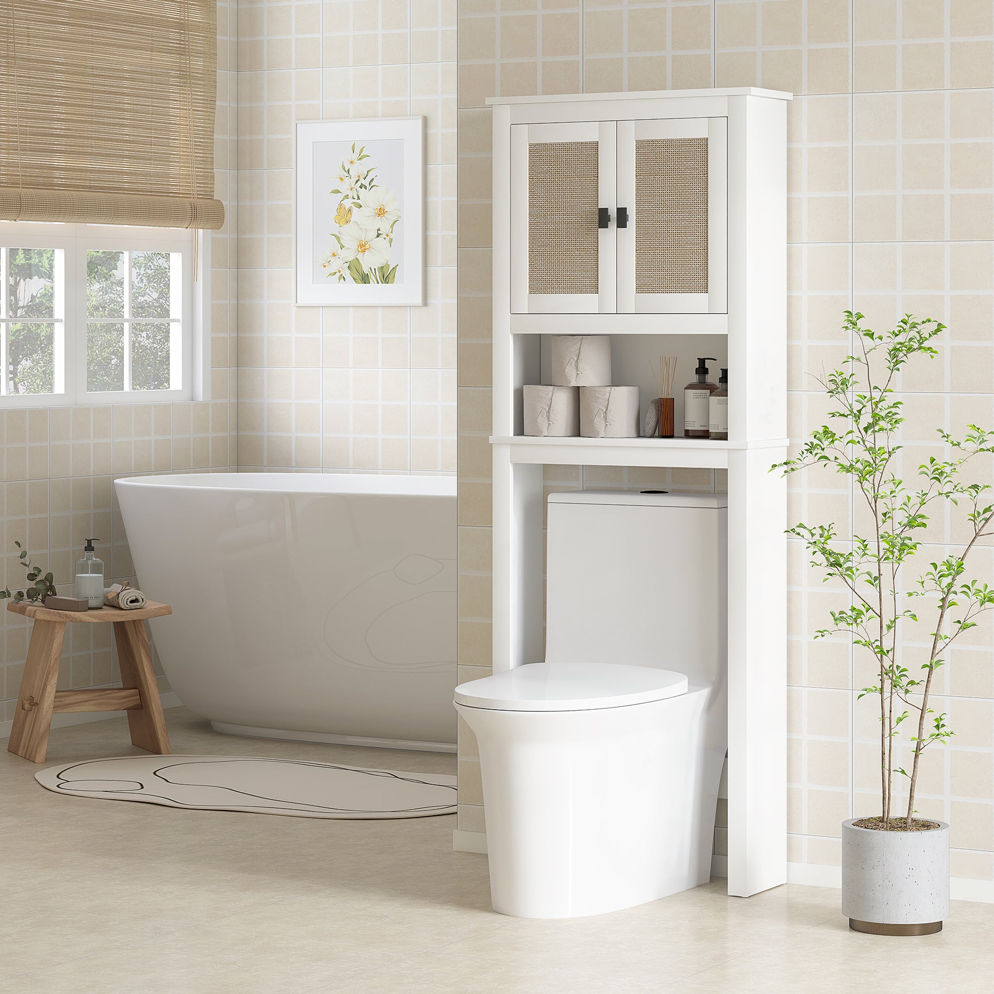 Mueble sobre inodoro de estilo boho en un baño blanco y natural