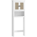 Mueble sobre inodoro blanco con dos puertas de frontal de ratán y compartimento abierto
